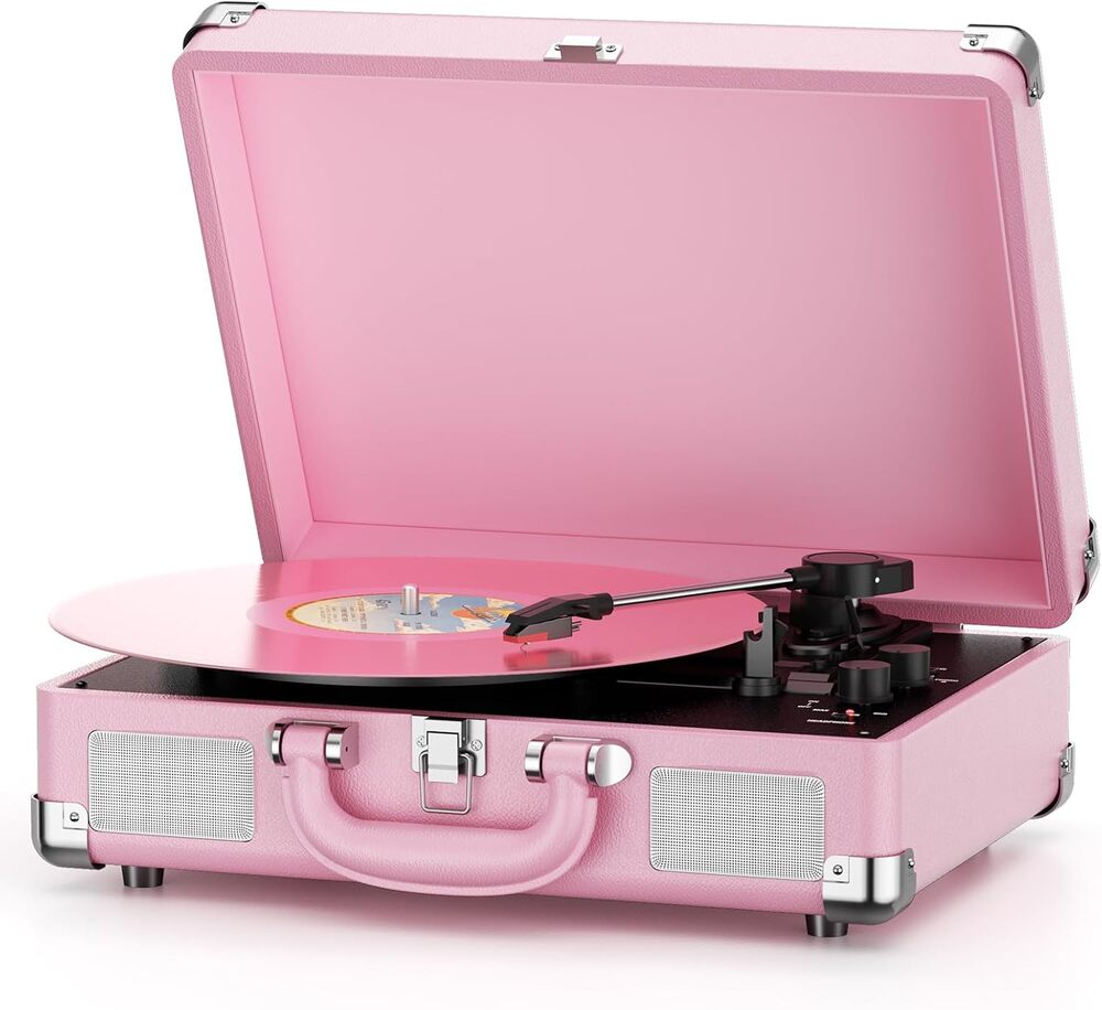 Vinyl Record Player 3-Speed Bluetooth Suitcase, RCA Line Out AUX Turntable, Pink